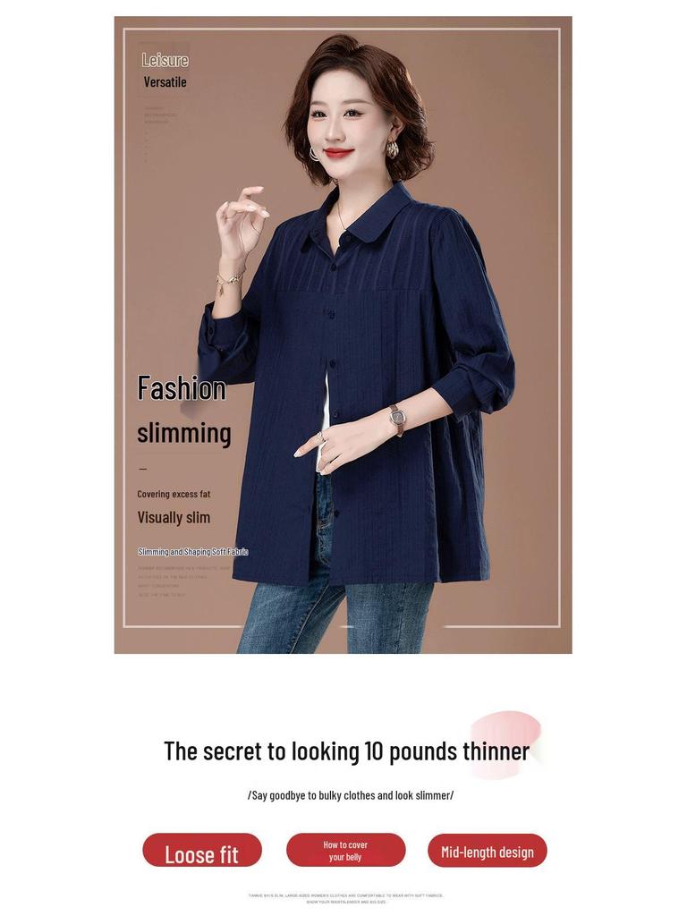 Bluzka damska z czystej bawełny w dużych rozmiarach z kołnierzykiem typu turn-down - Moda wczesnojesienna dla mam w średnim wieku