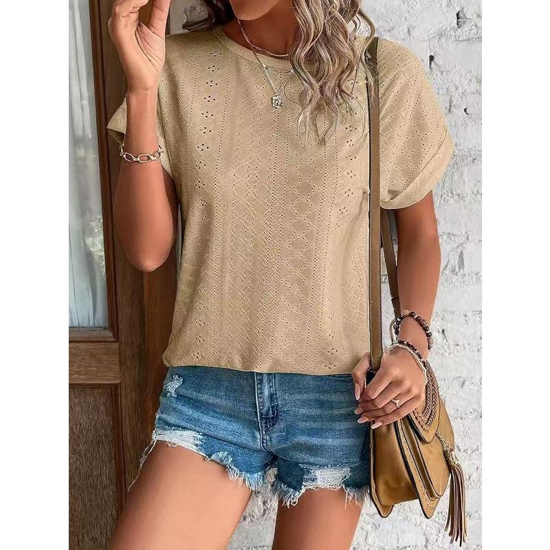 Spring and Summer Round Neck Hollow Out Women Blouse New Loose Short Sleeved T-shirt Solid Color Casual Simple Top Sweet Shirts Ladies Clothing