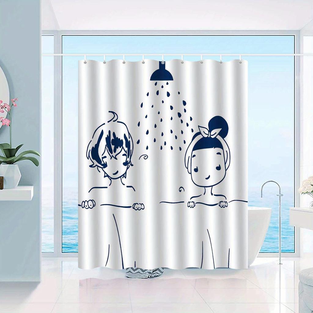1Pc Elegant Cartoon Hand-Painted Shower Curtain, Made Of Polyester, Bathroom Decoration, Machine Washable, Includes Hooks.
