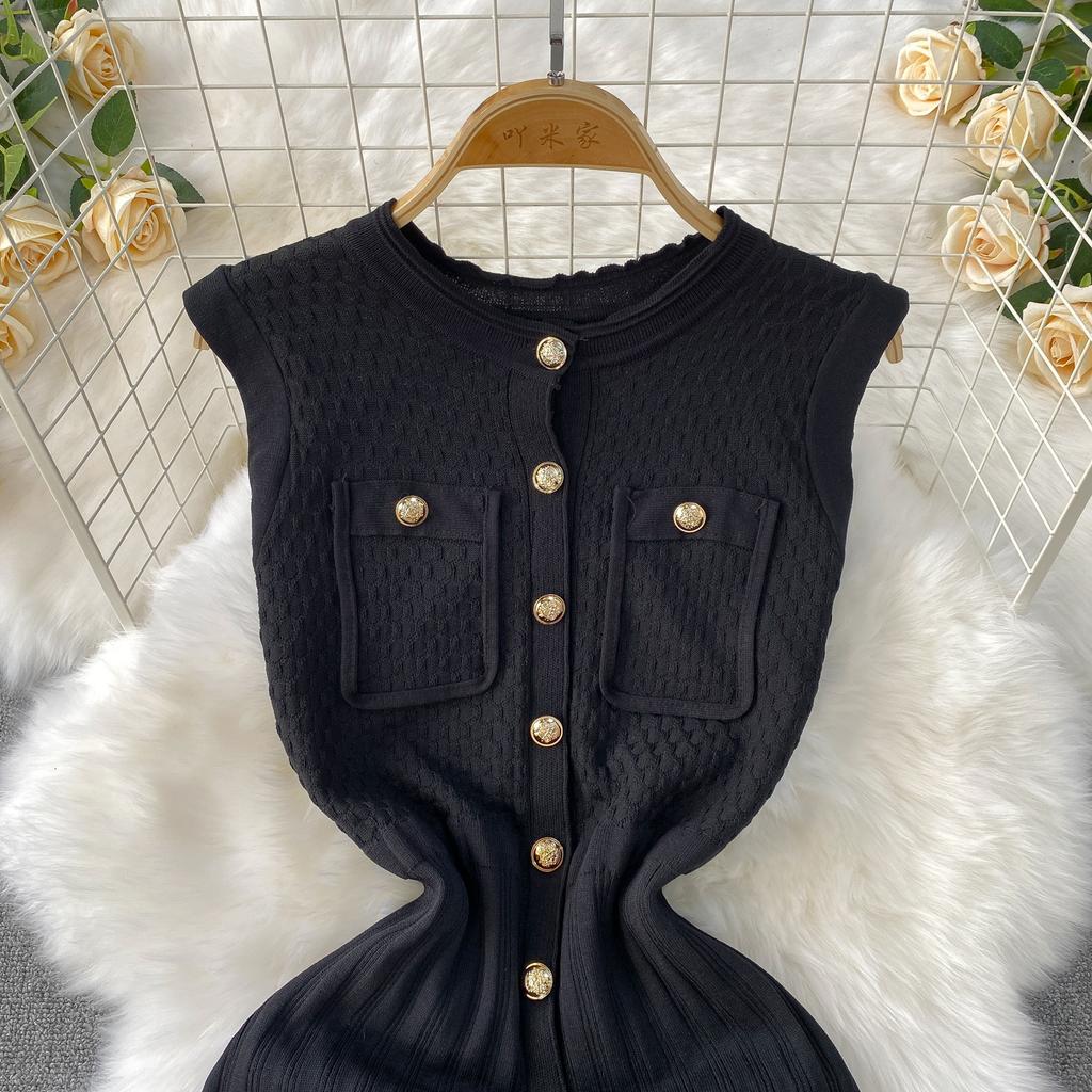 Summer Women O-neck Sleeveless Single Breasted Knitted Mid-calf Slim Tank Sweater Dresses