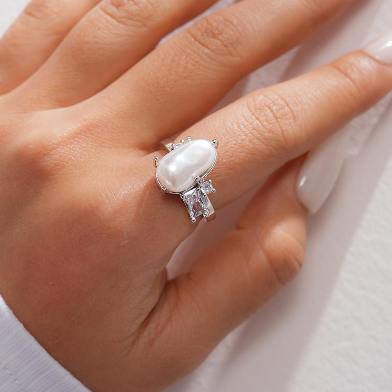 French Retro Imitation Pearl Water Drop Adjustable Rings for Women Luxury Irregular Pearl Design Finger Ring Daily Wear Zircon медный