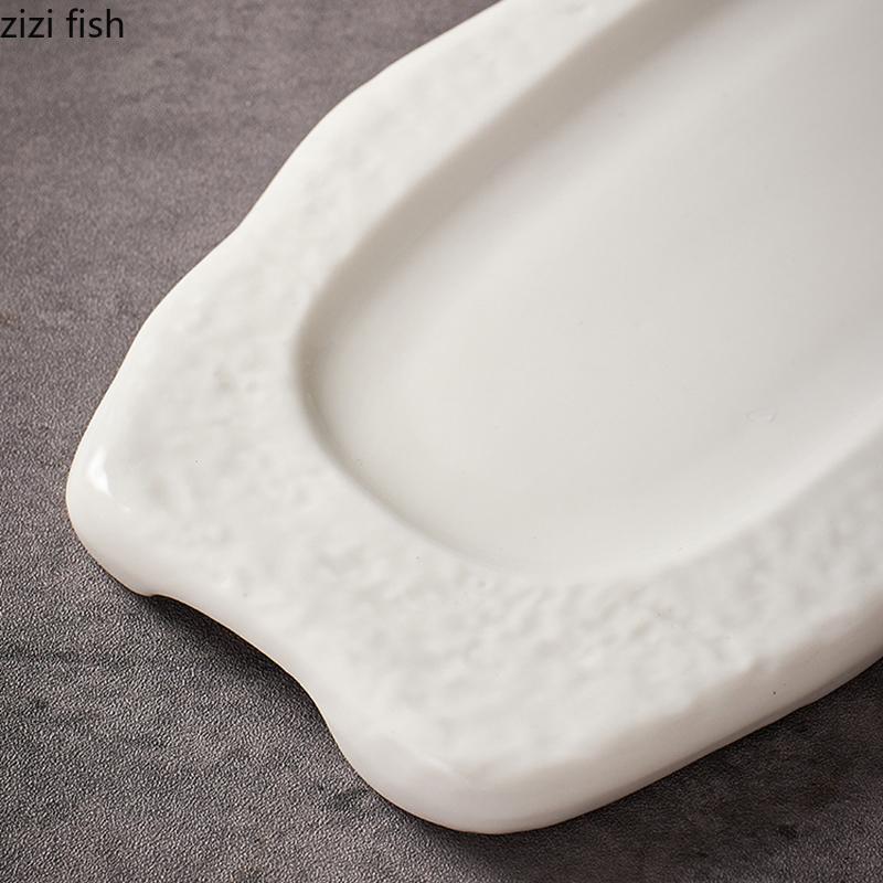 Pure White Ceramic Long Strip Plate Irregular Sushi Plate Dessert Plate Snack Plates Molecular Cooking Specialty Tableware