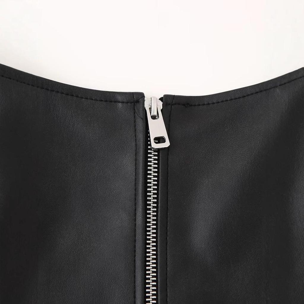 2024 European & American Style Faux Leather Slim Fit Women's Jacket with Zipper and Sexy Cami