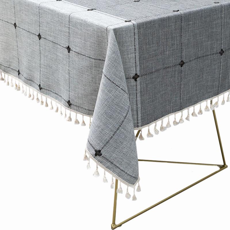 Cotton And Linen Embroidered Dining Table Cloth Japanese Fringed Fabric Plaid Coffee Table Cloth Tablecloth Non-Slip Tablecloth