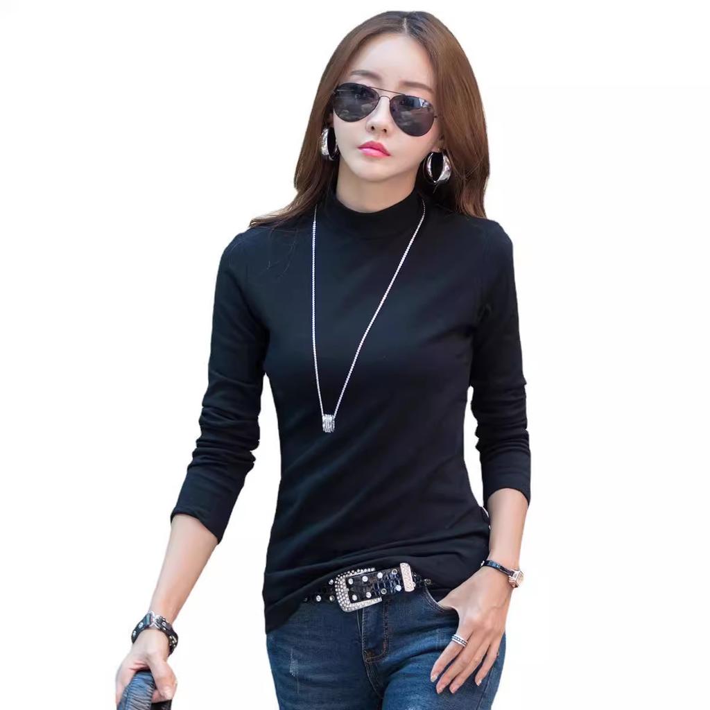 2024 Spring New Korean Style Slim Solid Color Women's Cotton Long-sleeved T-shirt Bottoming Shirt Half Turtleneck Women's Top