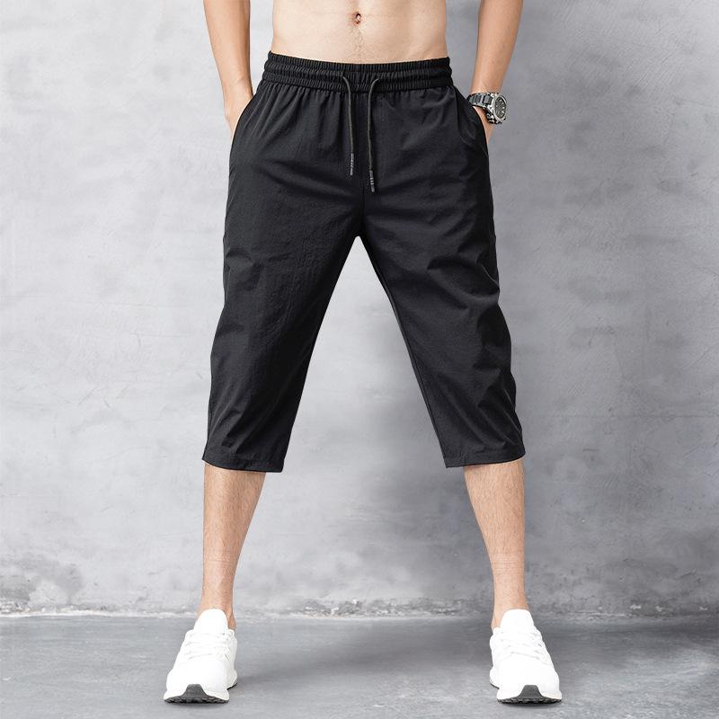 Pantaloncini lunghi da uomo neri ad asciugatura rapida da spiaggia, pantaloncini da uomo estivi, pantaloni sottili in nylon a 3/4 di lunghezza
