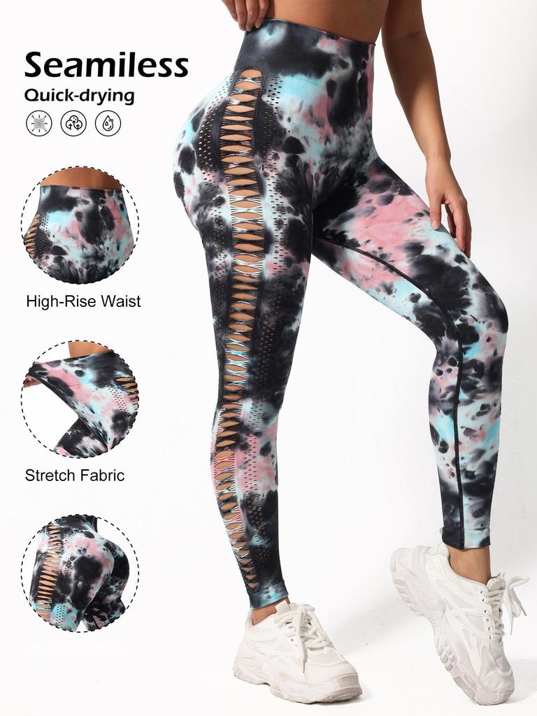 2025 Spring/Summer Women's High Waist Tie-Dye Quick-Dry Yoga Pants with Mesh