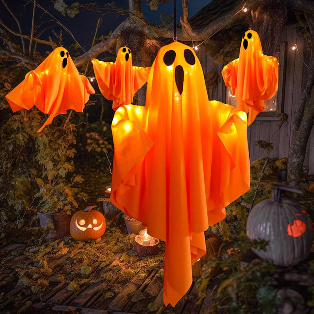 Halloween Hanging Ghost Decoration with LED Lights Battery Operated Ghost Hanging Ornament for Indoor Outdoor Halloween Party 50x40cm