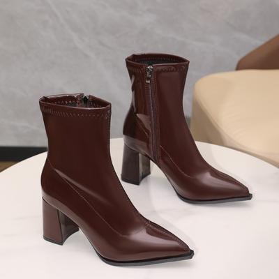 Herfst Dames Hoge Hak Enkellaarsjes Nieuwe Winter Plus Fluweel Puntige Neus Blokhak Chelsea Boots voor Dames Schoenen met Hak Jurk