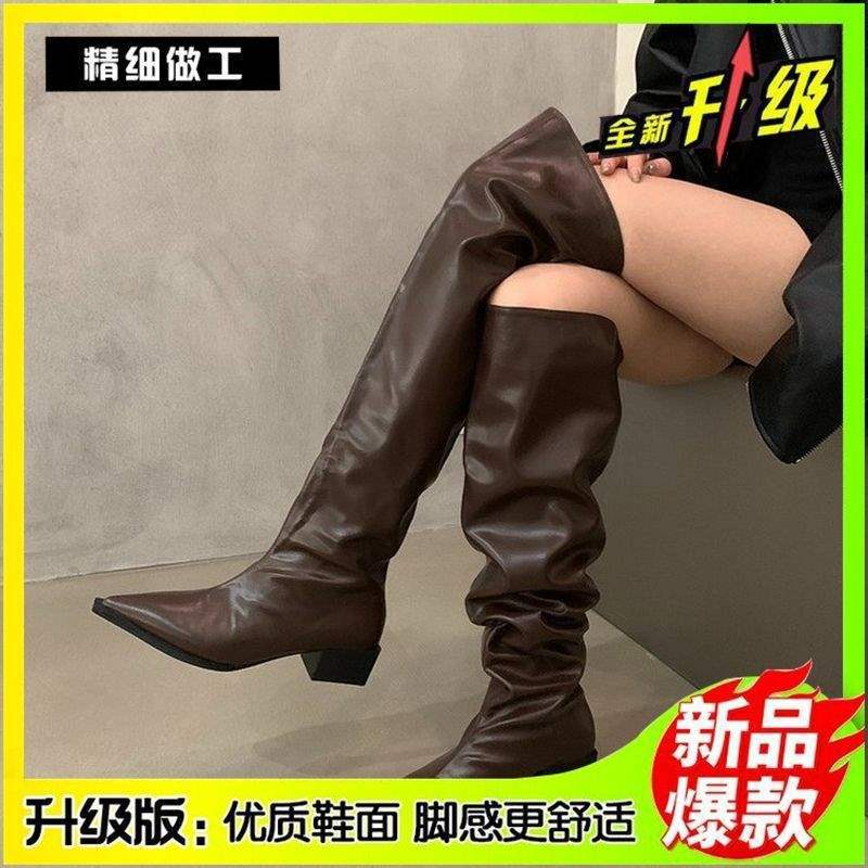 Thick heel pleated long knight boots women's 2025 autumn and winter new knee two wear western cowboy knee boots shoes