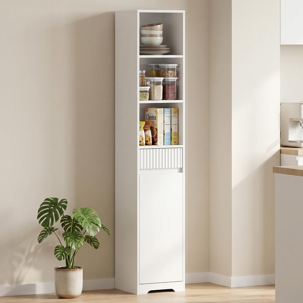 Tall Bathroom Cabinet, Door, Drawer, Open Compartments, Adjustable Shelf, White