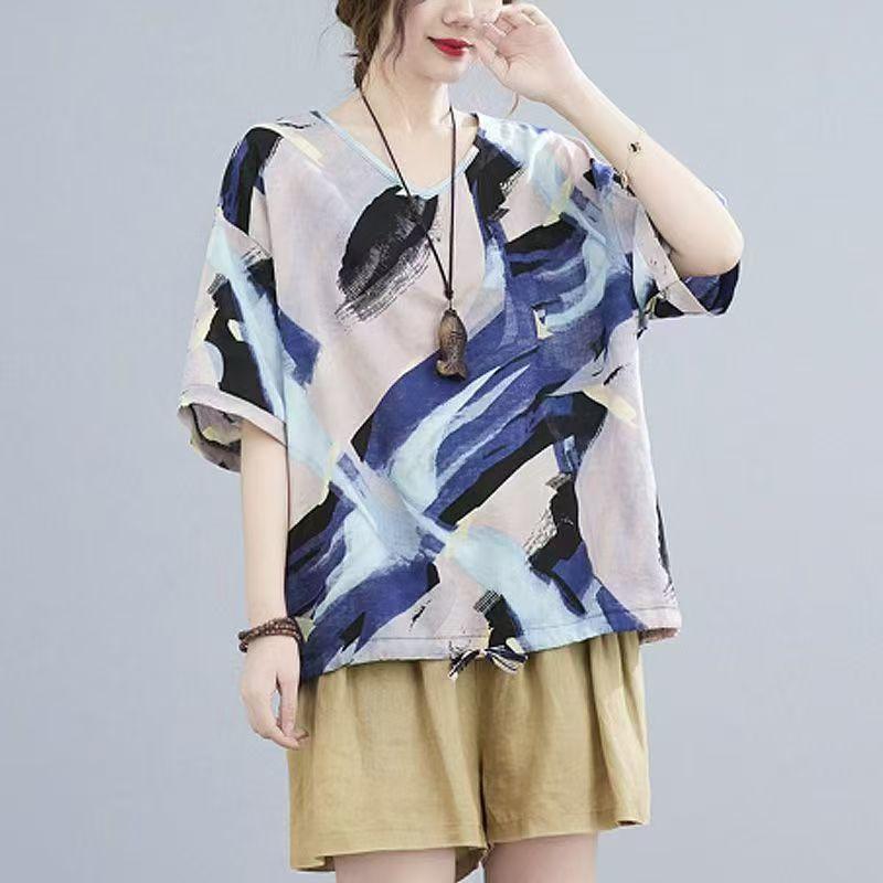 Pure Cotton Summer Loose Plus Size Women's Retro Printed Age-reducing Short-sleeved T-shirt