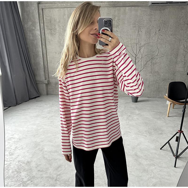 2025 Spring Autumn Long Sleeve Striped T-Shirts Women Basic Casual Tops Female Cozy Loose Cotton Tees T-Shirt New