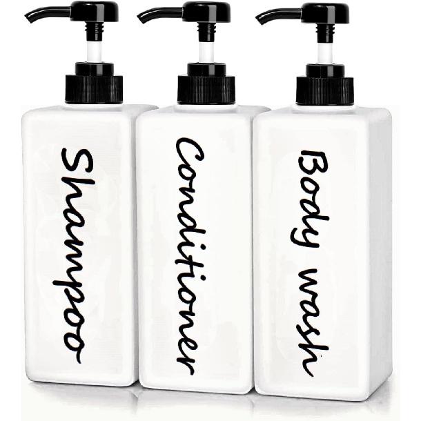 Shampoo and Conditioner Dispenser (Set of 3, 21oz) Modern Refillable Shampoo Pump Bottles for Shower Soap - Empty Body Wash Dispenser Set for