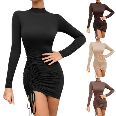 Women's Sexy Slim Half Height Round Neck Long Sleeve Drawstring Dress