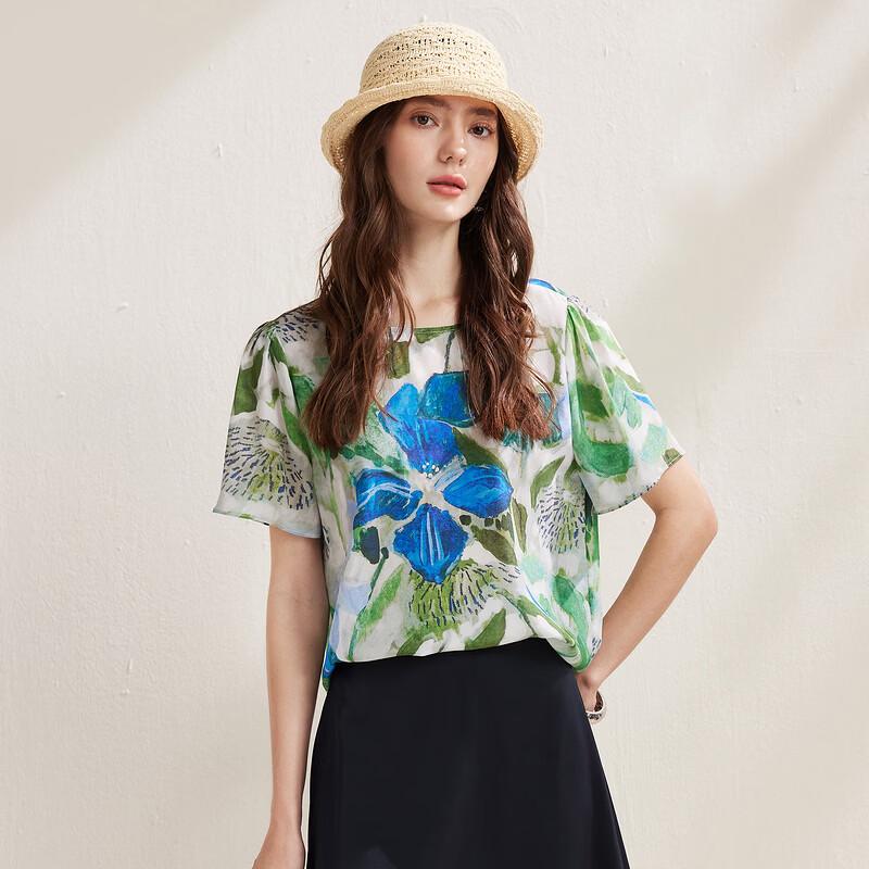 Zhaojun Women's Printed Mulberry Silk Short Sleeve Blouse
