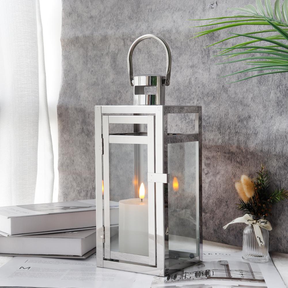 Silver Stainless Lanterns Hanging Candle Lantern Metal Candleholder with Tempered Glass for Home Wedding Decor
