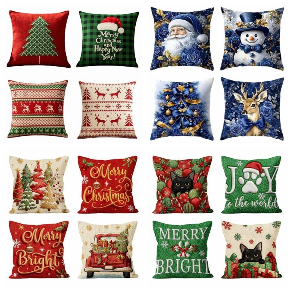Festive Soft Christmas Pillow Covers 2D Printed Deer Throw Cushion Case Square Plaid Xmas Tree Pillowslip Living Room Decor