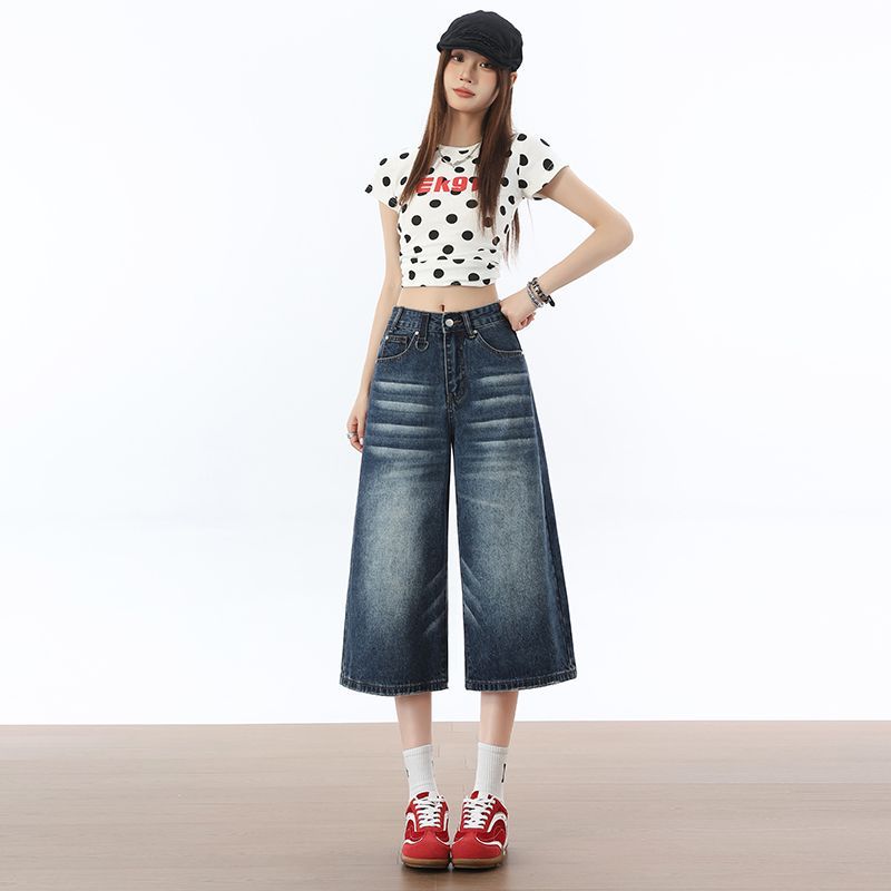Trendy Summer Vintage Blue Loose Straight Denim Cropped Capri Pants Versatile Slimming Basic Daily Trousers