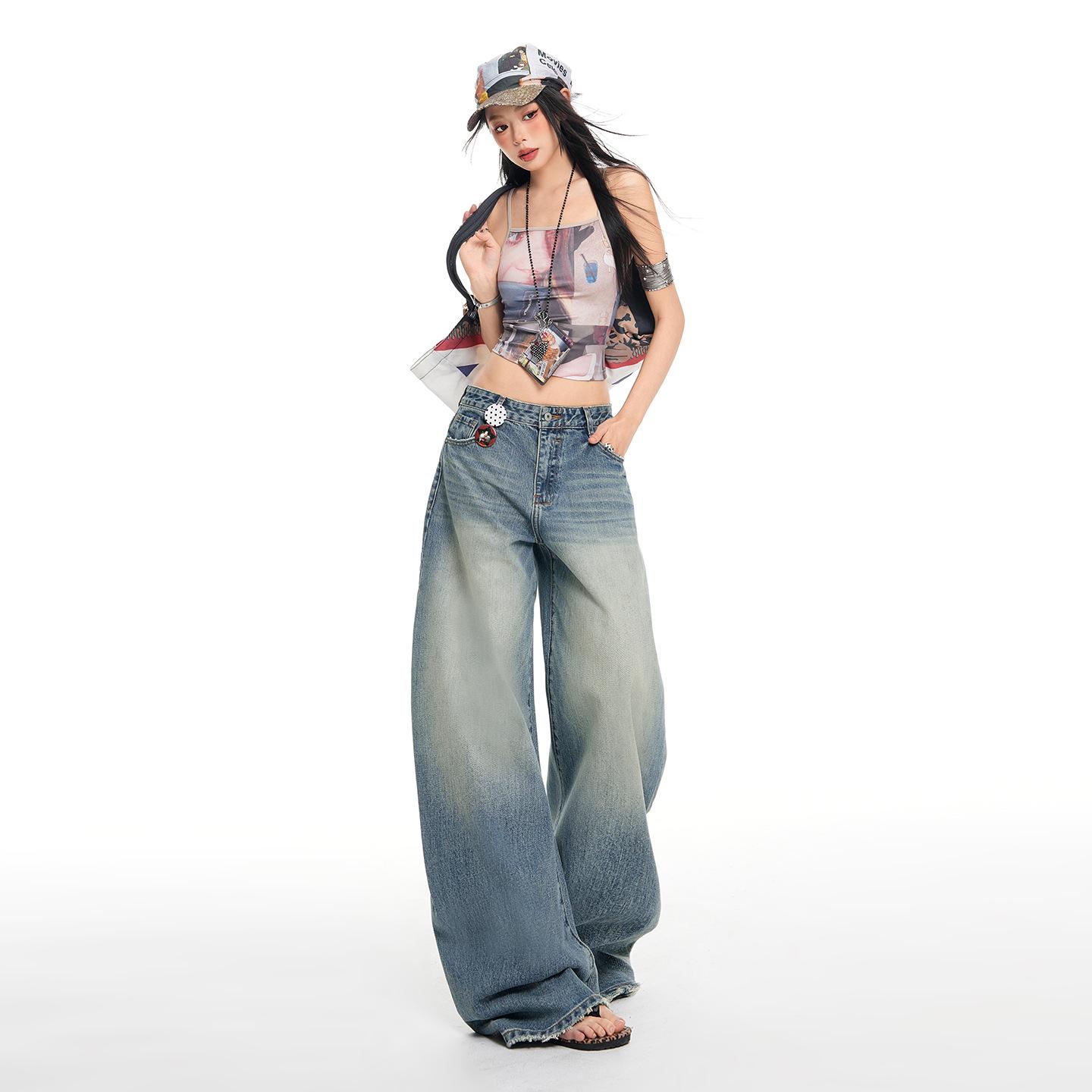 Women s American Washed Retro Wide-Leg Jeans - 2026 Spring High-Waisted Flattering Fit. Extra Large