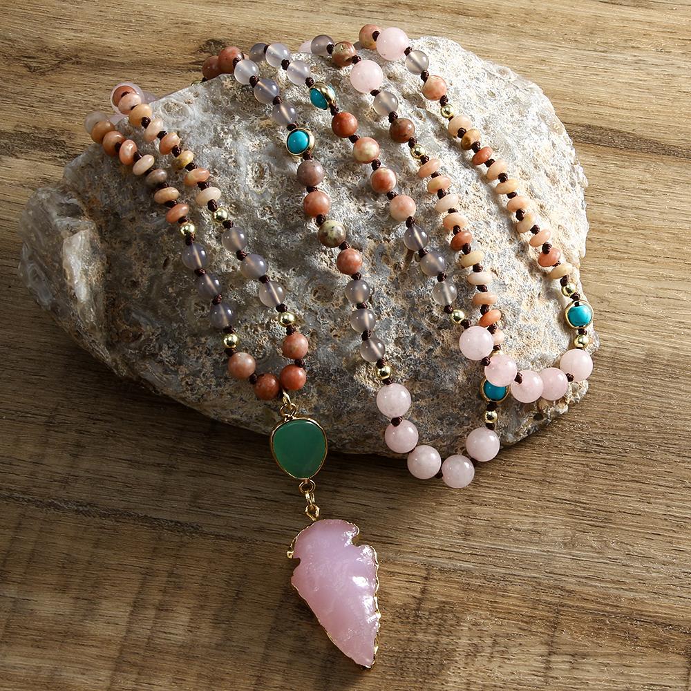 Fashion Exquisite Bohemian Jewelry Women's Prayer Yoga 108 Mala Necklace Multicolor Natural Gemstone Arrow Pendant Necklace