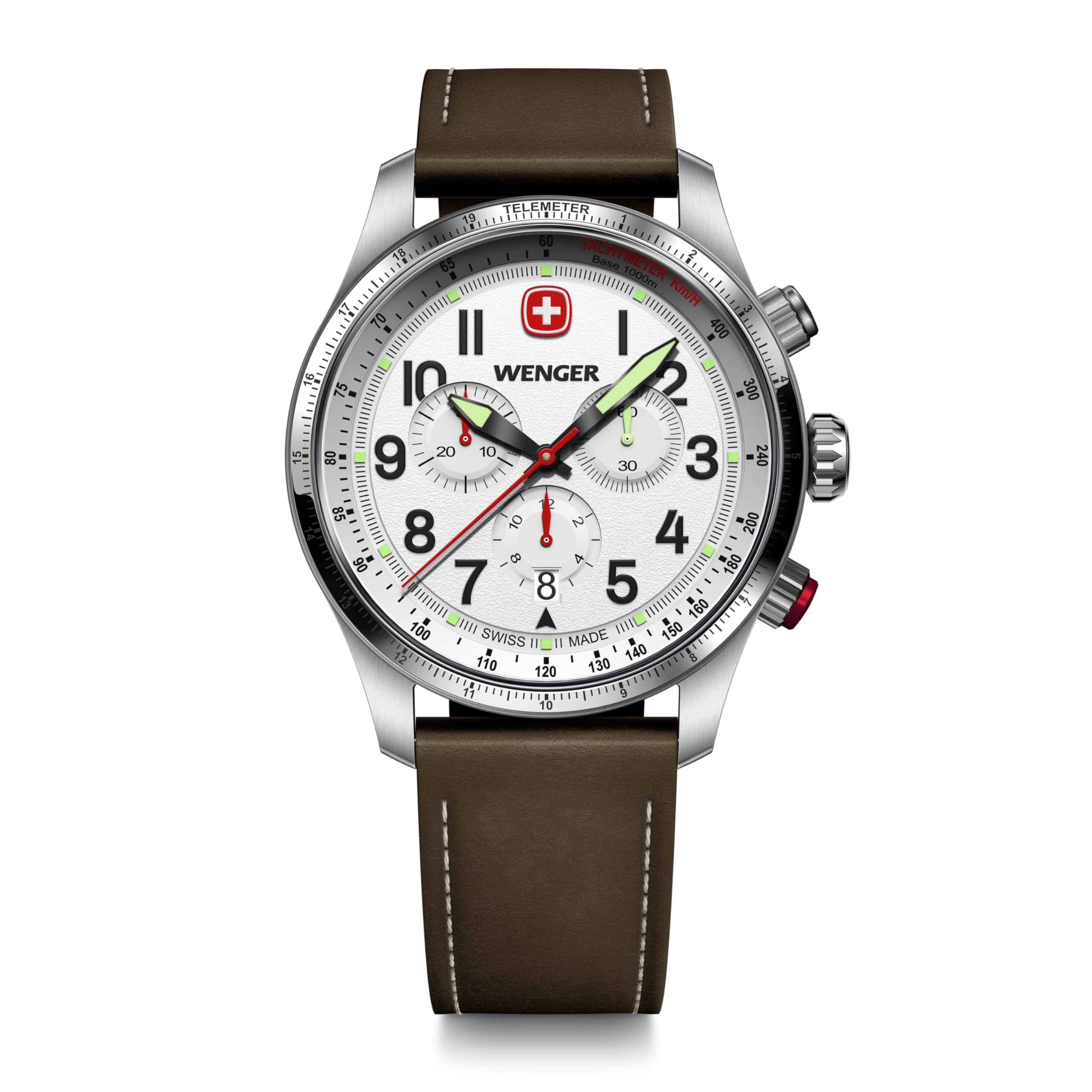 

WENGER TERRAGRAPH CHRONO Watch Chronograph Stainless Steel Case White Dial Brown Leather Strap Quartz 100m Water Resistant 3 Year Warranty Gift Analog