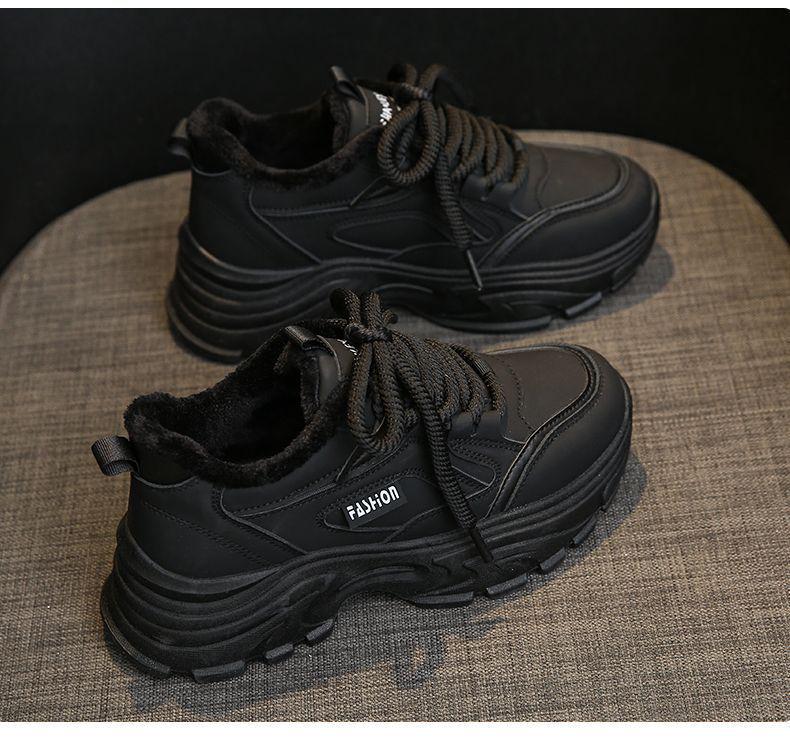 Fleece-Lined Leather Women's Sneakers: Trendy, Lightweight, Height-Boosting Casual Winter Shoes