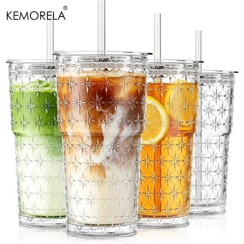 

4PCS Sparkling Star Glass Coffee Cup with Lids and Straws 590ML for Iced Coffee Smoothies Milk Water Juice and More Drinkware 590ML