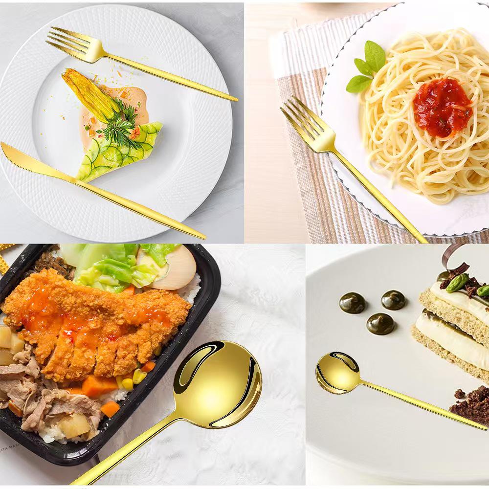 Set tacâmuri din oțel inoxidabil Portugal Gold, 24 de piese: Cuțit de Steak, Furculiță, Lingură de Hotel în Cutie Cadou