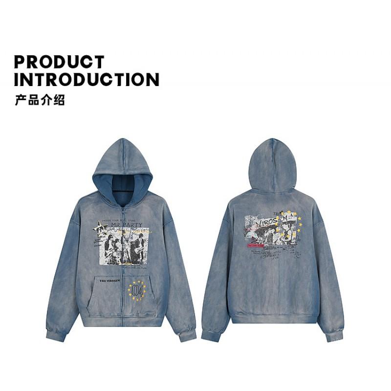 Unisex Übergroßes Used-Look Gewaschenes Kapuzen-Reißverschluss-Sweatshirt Streetwear Baumwoll-Pullover Herbst