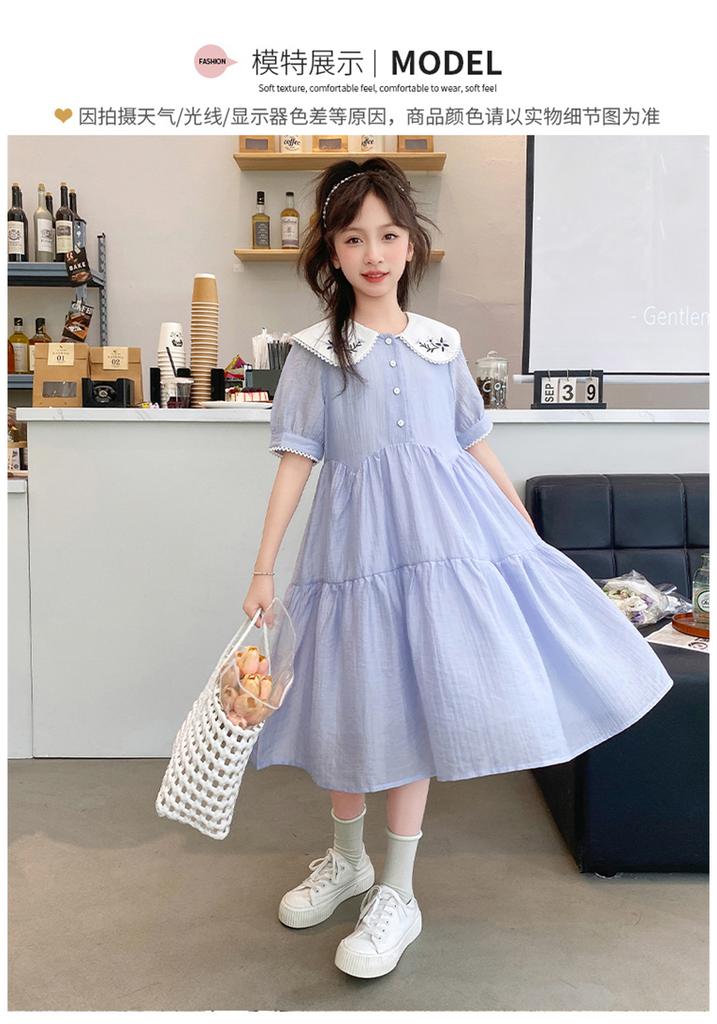 Girls' College Style Dress, Summer New Style, Stylish Doll Collar, Embroidered Mid Skirt, Princess Skirt, Short Sleeved, Medium To Long Style