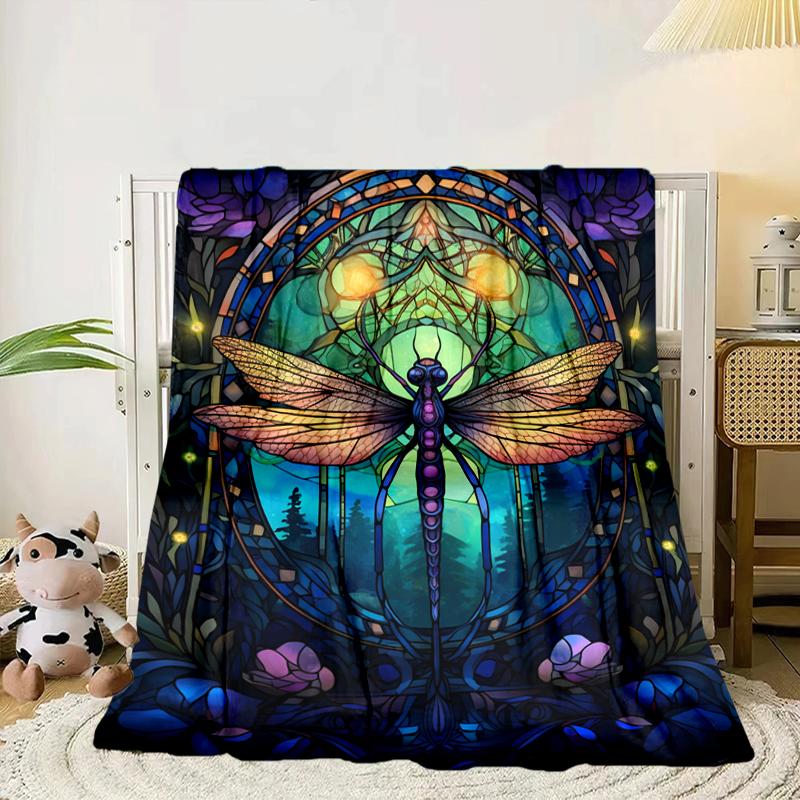 Stained Glass Dragonfly Garden Blanket Flannel Blanket for bed, sofa, Camping, Hiking, Picnic Essentials, gift for family Fan gifts