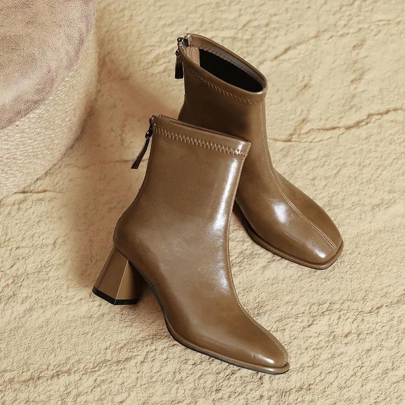 Fashion Autumn and Winter New Mid-leg Fashion Boots Square Head Thick Heel Thin Boots Brown French Ankle Boots