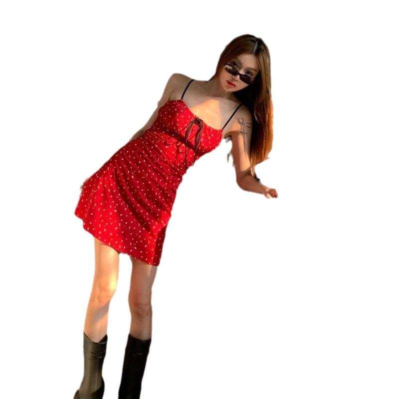 Red Seaside Vacation Wind Floral Suspender Dress, Spice Girl Waist Thin Strap Short Skirt
