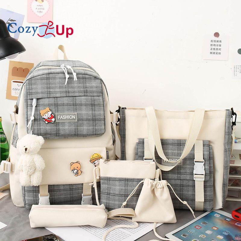 Checkered Elementary School Student Backpack Female Backpack 5-piece Set Backpack