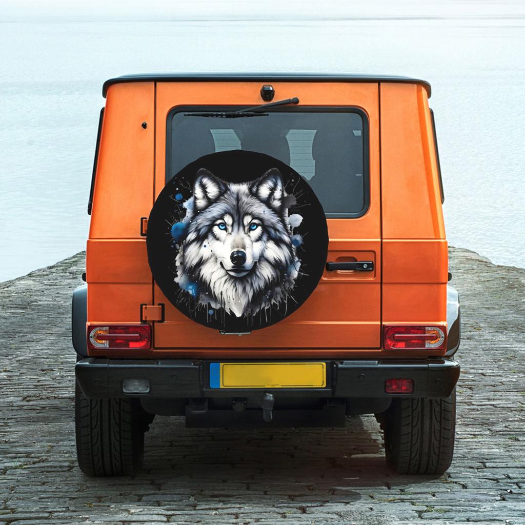1pc 2D Printed Ink Splash Wolf Head Car Tire Cover 35.56/38.1/40.64/43.18 Cm, UV Protection Wheel Protector With Adjustable Draw