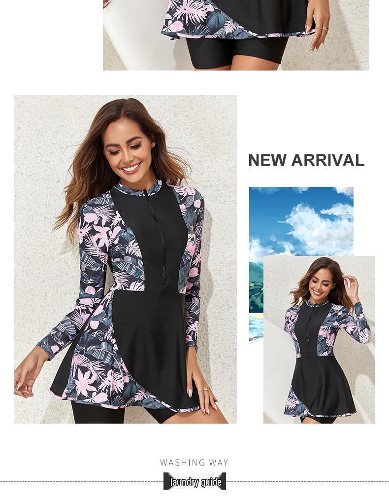2025 European American Print Sun Protection Two-Piece Surf Swimsuit with Long Sleeve Skirt Style