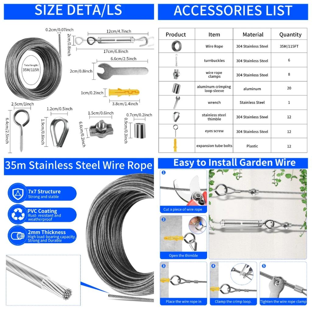 Shade Sail Wire Rope Kit 4/47/60/72Pcs Stainless Steel Hardware Kit Heavy Duty Anti-Rust Shelter Hardware Kit Set Tent Accessori