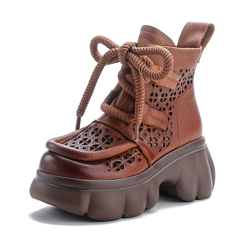 Cool boots women's 2025 spring and summer new retro sandals thick-soled hollow high-top women's shoes side zipper lace-up hole shoes