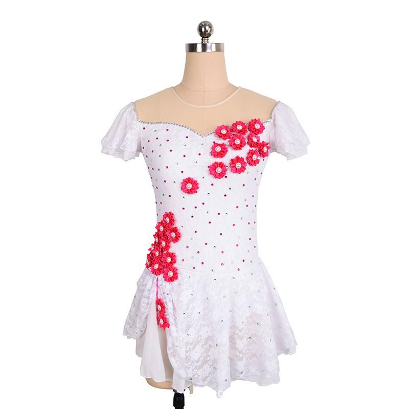 Girls Women Figure Skating Dress Performance Costume Competition Skirt Nylon White Lace Rhinestone