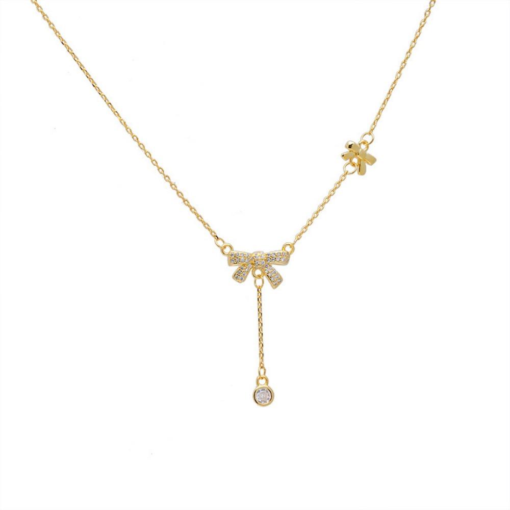 Edelstahl Exquisite Goldfarbe Zirkon Schleife Lange Anhänger Halsketten für Frauen Niedliche Korea Kragen Schmuck Geschenk Anlauffest