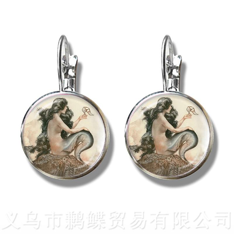Mermaid Pattern Earrings New Fashion Round Glass Mermaid Murano 16mm Glass Dome Silver Plated Stud Earrings For Women