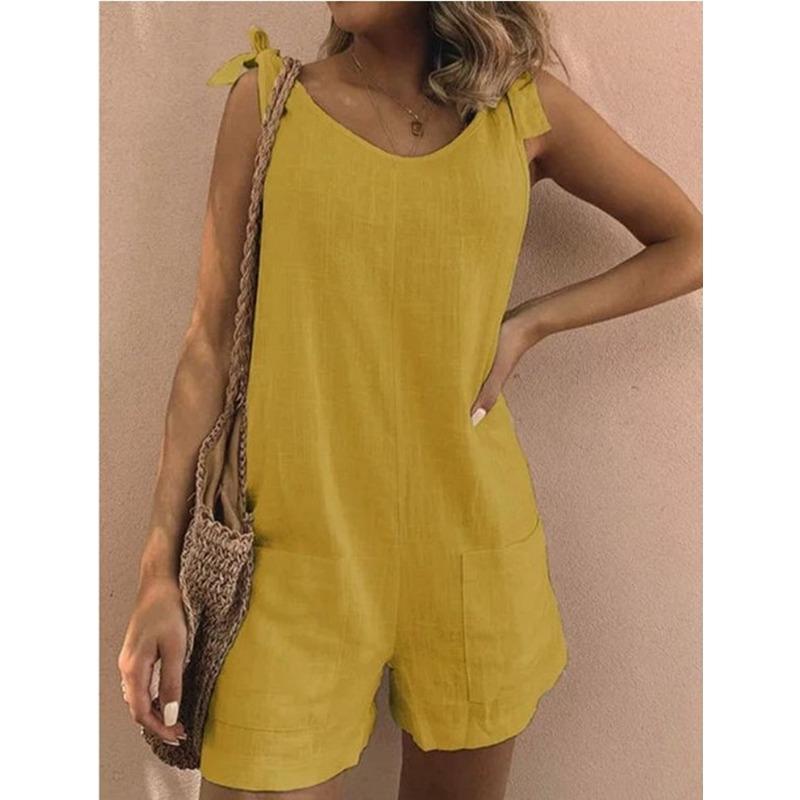 Women's Overalls with Bamboo Sections, Cotton and Linen Pockets, Sleeveless Loose Jumpsuit