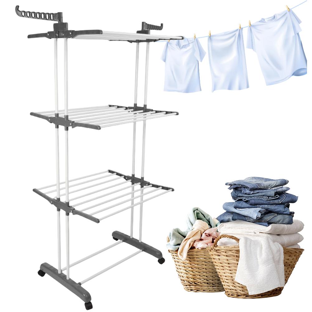 4-Tier Foldable Drying Rack Free Standing Movable Laundry Rack with 4 Castors Rolling Clothes Horses Dryer Rack W/ 4 Drying Pole