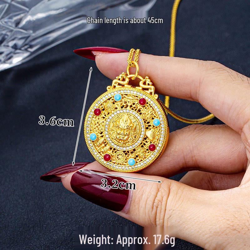 Ethnic Style Drip Oil Eight Treasures Compass Necklace with Sand Gold God of Wealth Pendant