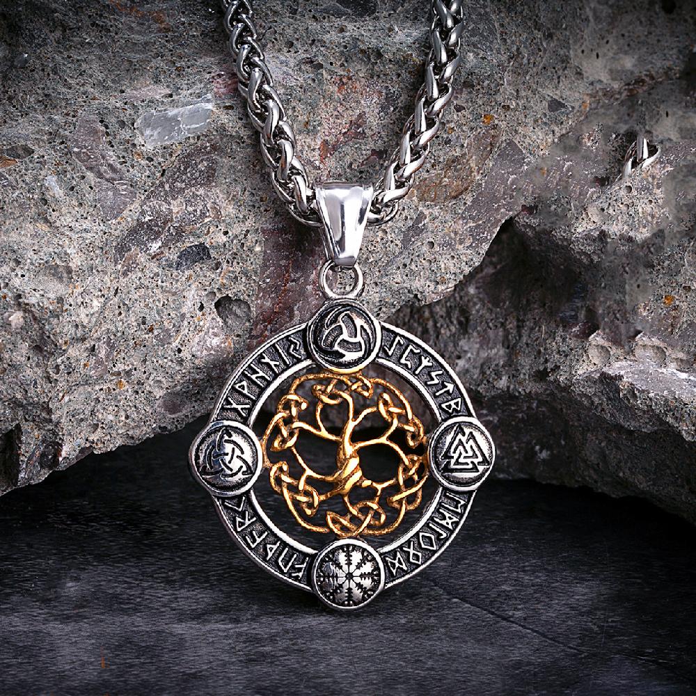 Never Fade Norse Rune Life Tree Necklace Men Gold Stainless Steel Pendant Valknut Trinity Male Lucky Amulet Viking Jewelry