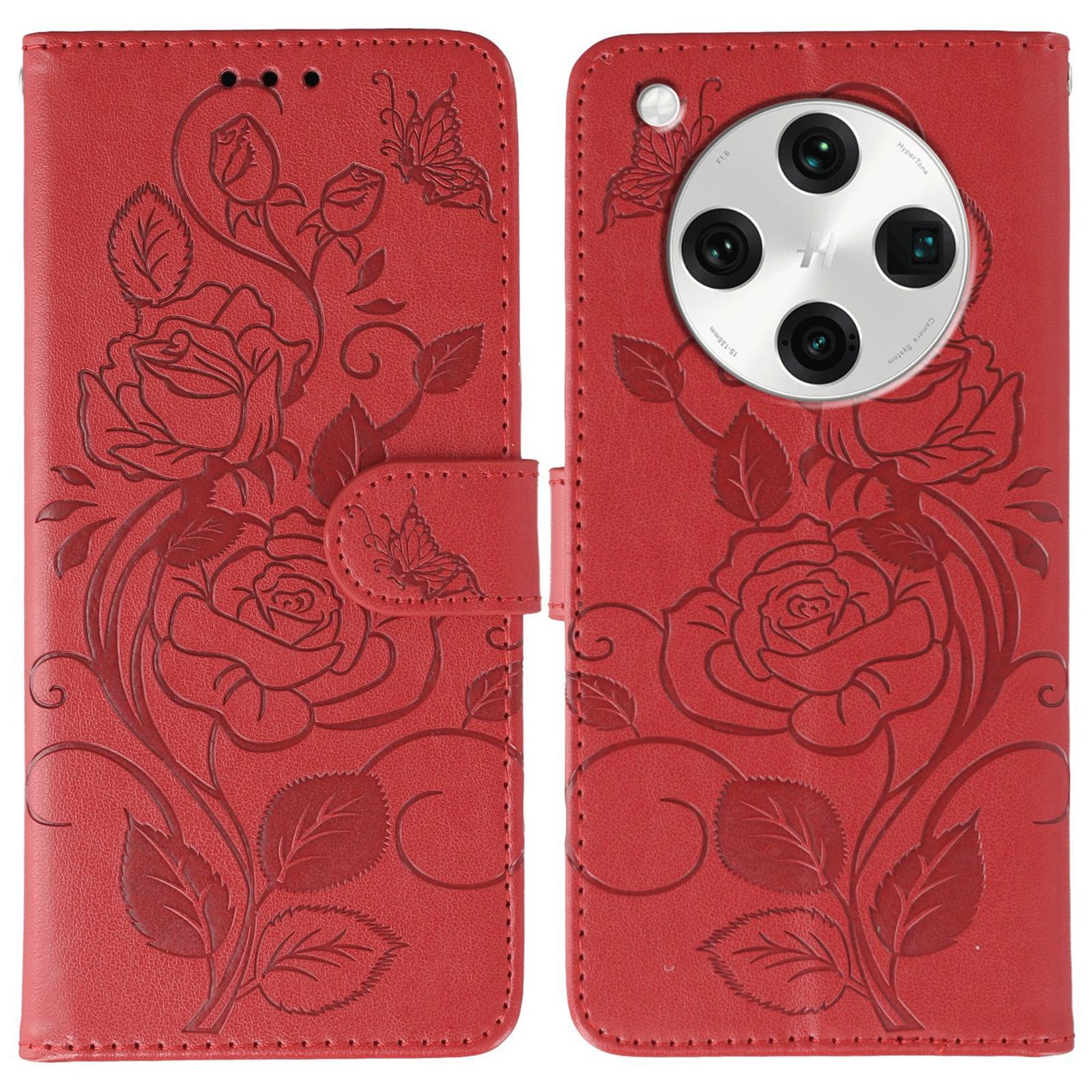 

For Oppo Find X8 Pro 5G Case Wallet Stand Imprinted Rose Butterfly PU Leather Phone Cover Red