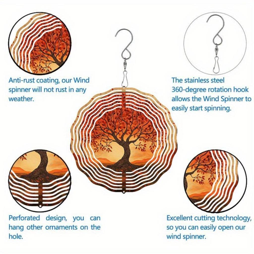 2D Metal Wind Chime with Red Tree Pattern & Mirror Reflection – Natural Bird Deterrent for Outdoor Decor, Garden