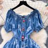 New Elegant Women Square Collar Embroidery Flowers Denim Dress Vintage Summer Single Breasted Printing Soft Long Dresses