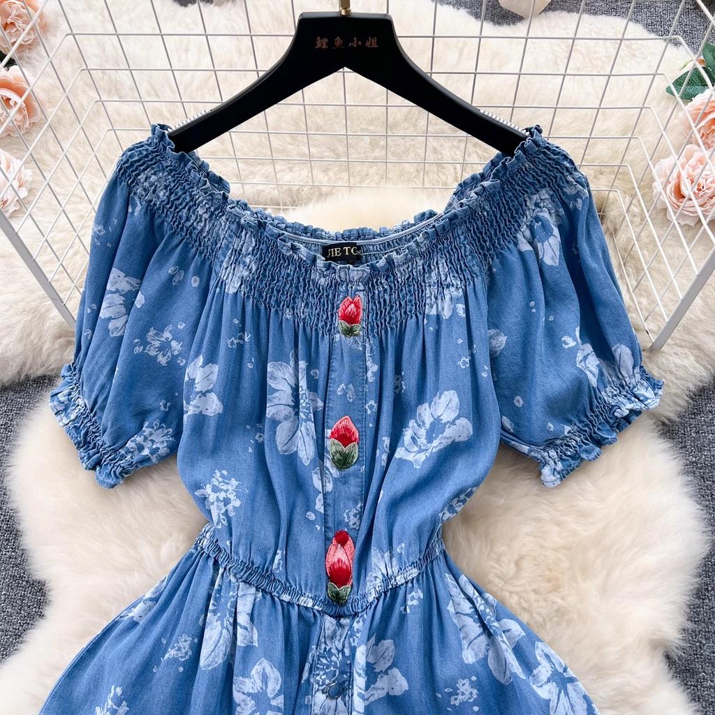 New Elegant Women Square Collar Embroidery Flowers Denim Dress Vintage Summer Single Breasted Printing Soft Long Dresses